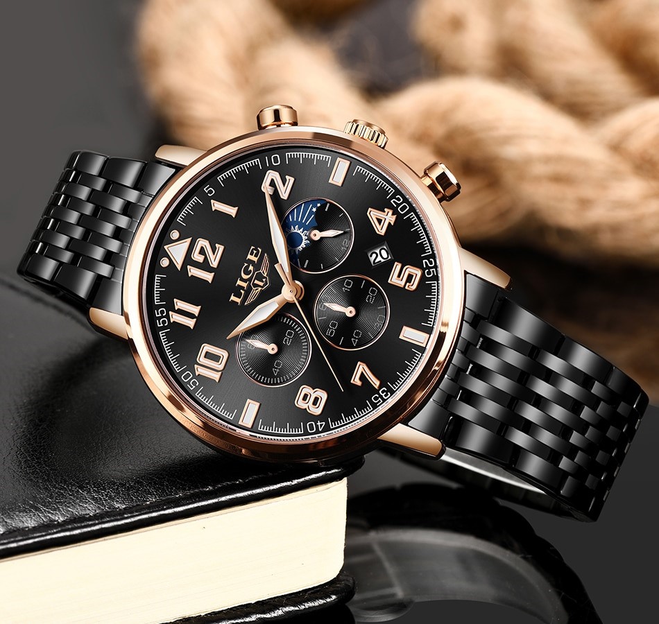 LIGE 9879 Business Style Waterproof Men Wrist Watch Full Steel Quartz Watches