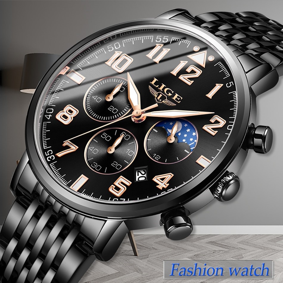 LIGE 9879 Business Style Waterproof Men Wrist Watch   Full Steel Quartz Watches